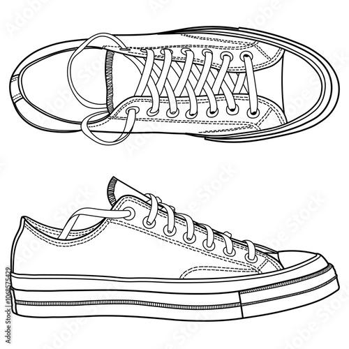 Set of hand drawn sneakers, gym shoes, top view. Image in different views - front, back, top, side, sole and 3d view. Doodle vector illustration.