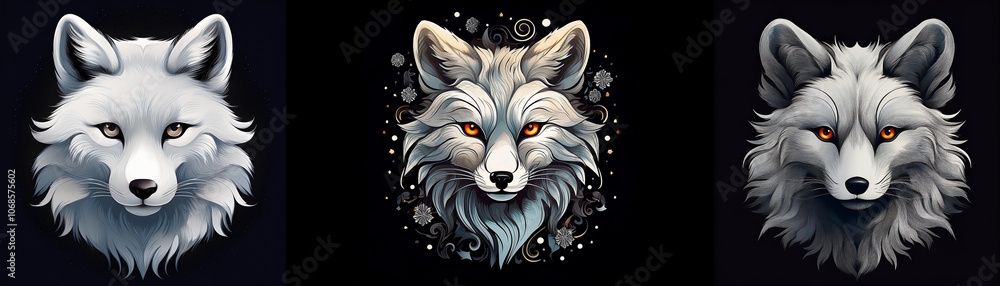 Three fox heads in different styles on a black background. Three fox heads in different styles on a black background.