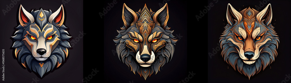 Naklejka premium Three wolf heads with different fur colors and markings are shown against a dark background.