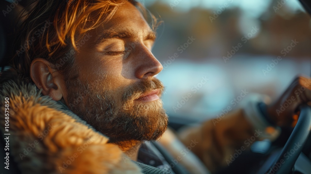 A man fell asleep at the steering wheel of a car, evident through the side window as sunlight streams into the vehicle, highlighting the moment A man fell asleep at the steering wheel of a car, evident through the side window as sunlight streams into the vehicle, highlighting the moment