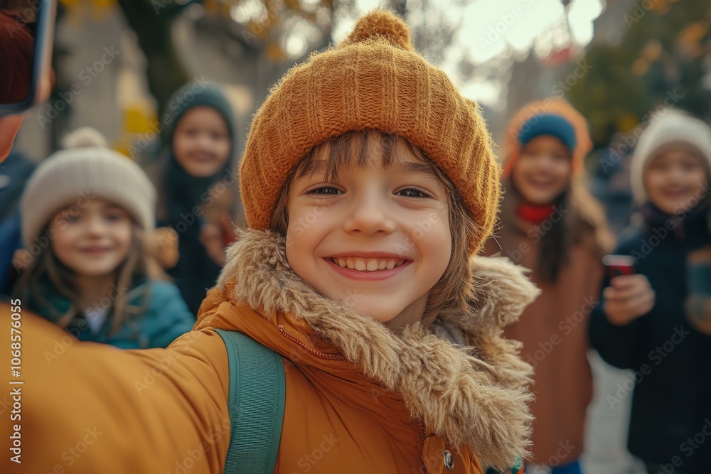 Happy boy wearing an orange coat and beanie taking a selfie with his classmates during a school trip in autumn Happy boy wearing an orange coat and beanie taking a selfie with his classmates during a school trip in autumn