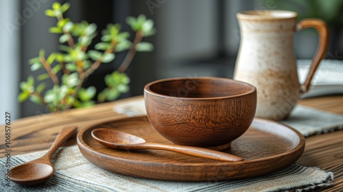 A handcrafted wooden bowl sits on a round wooden plate alongside a matching spoon, with a rustic ceramic pitcher and vibrant greenery nearby in soft natural light