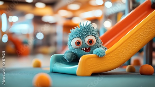 Colorful plush toy monster with big eyes and fluffy texture on a children's slide in a vibrant indoor playground setting with blurry background.