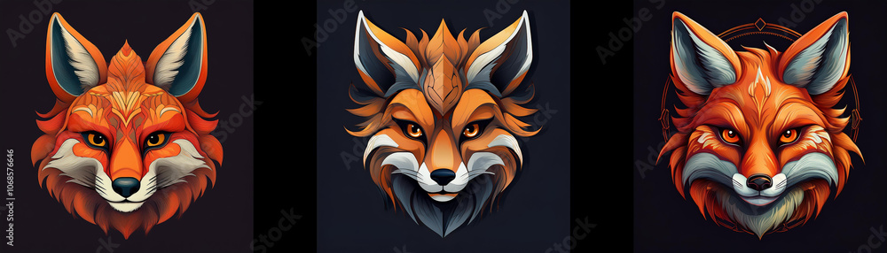 Obraz premium Three stylized fox head illustrations with variations in colors and fur details.