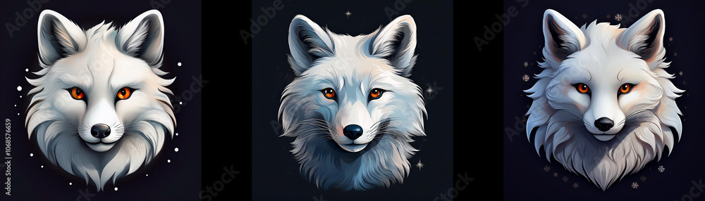 Obraz premium Three white foxes with orange eyes are shown against a dark background.