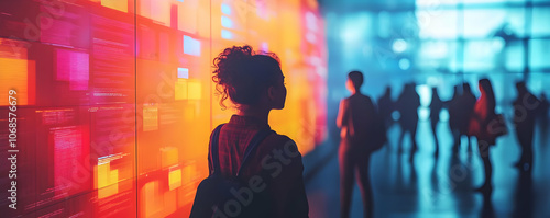 Photo: Woman Contemplates Glowing Code Wall, Blurred Crowd