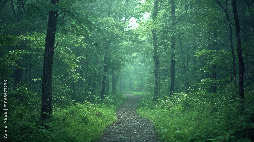 Fototapeta premium Serene Forest Path Surrounded by Tall Trees
