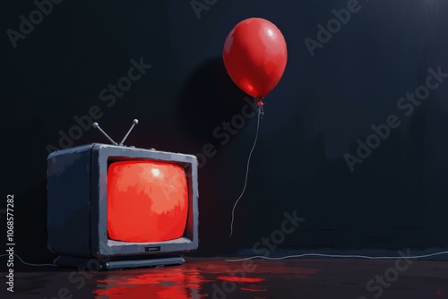 Retro TV with Red Balloon: Nostalgic Decor, Modern Art, or Unique Home Decoration photo