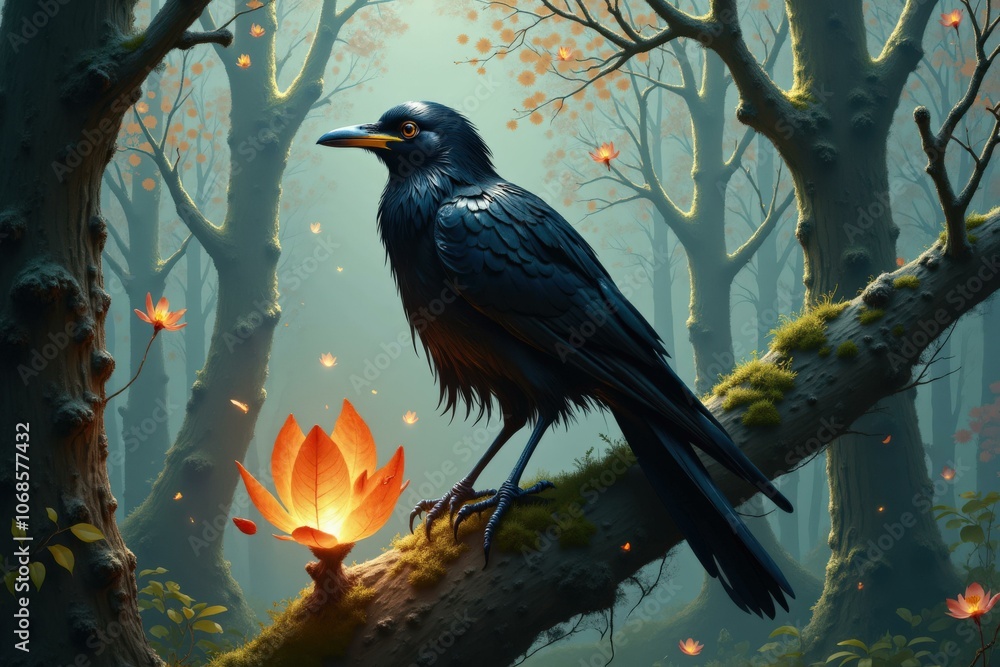 Enchanting Forest Raven Perched on Branch with Glowing Lotus, Perfect for Fantasy Art, Wallpapers, and Digital Illustration Enchanting Forest Raven Perched on Branch with Glowing Lotus, Perfect for Fantasy Art, Wallpapers, and Digital Illustration