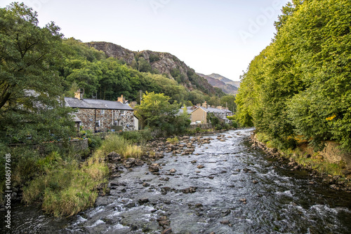 Afon Glaslyn in North Wales Cymru, UK, flowing past the village of Beddgelert.