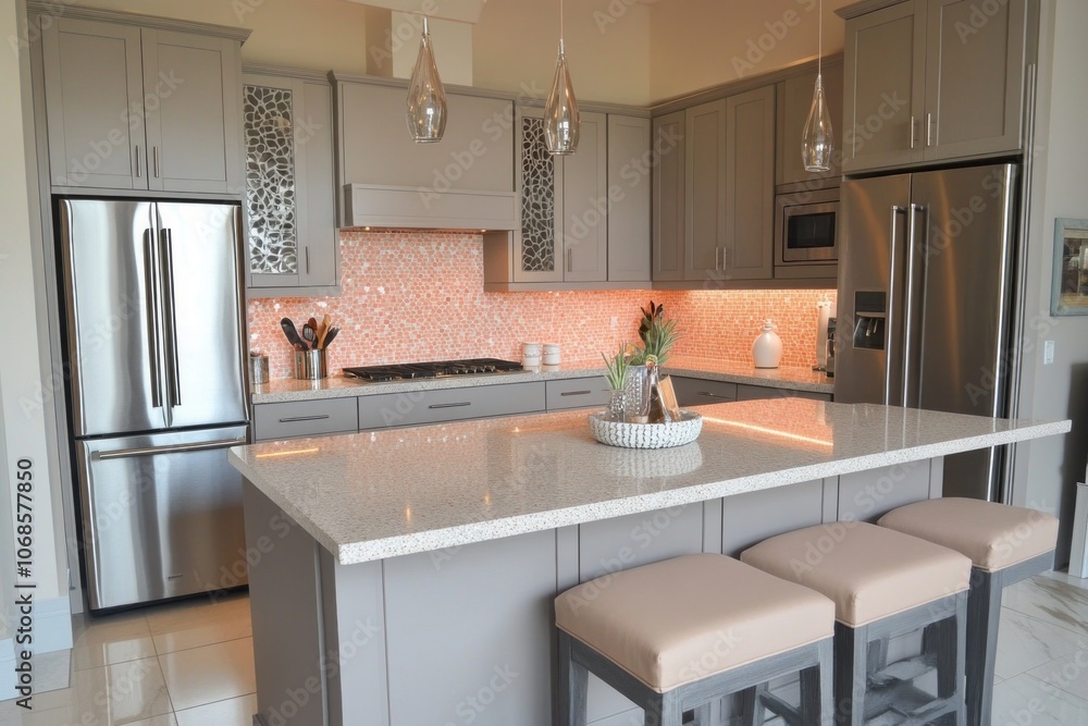 Fototapeta premium Contemporary Kitchen with Stainless Steel Appliances and Island with Bar Stools