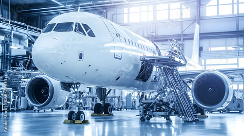 Wide Shot of an Aircraft Manufacturing Facility Showcasing the Extensive Scale of Production, Engineering Precision, and Industrial Infrastructure in Aerospace Technology 