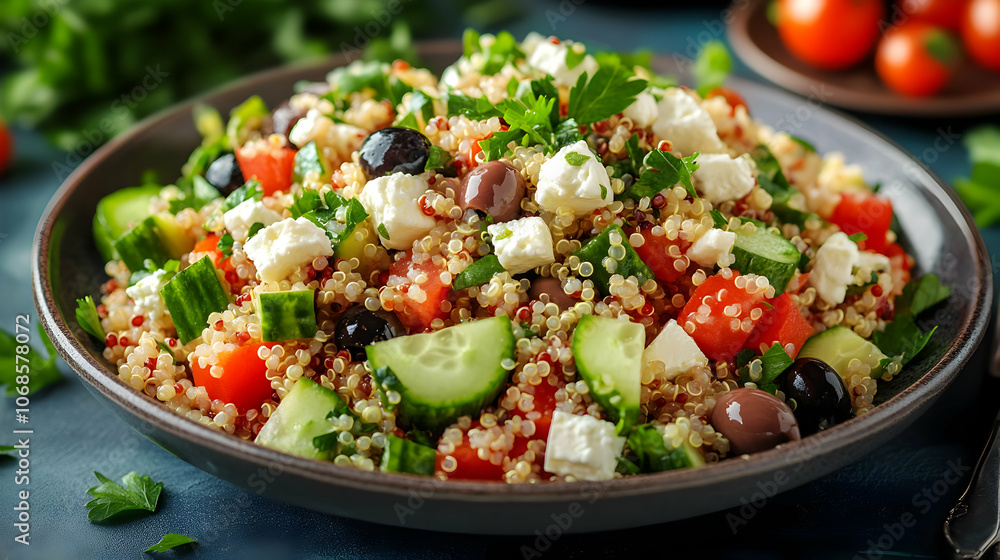 Photo Quinoa Salad Feta Cucumber Tomato Olive Parsley Photo Quinoa Salad Feta Cucumber Tomato Olive Parsley