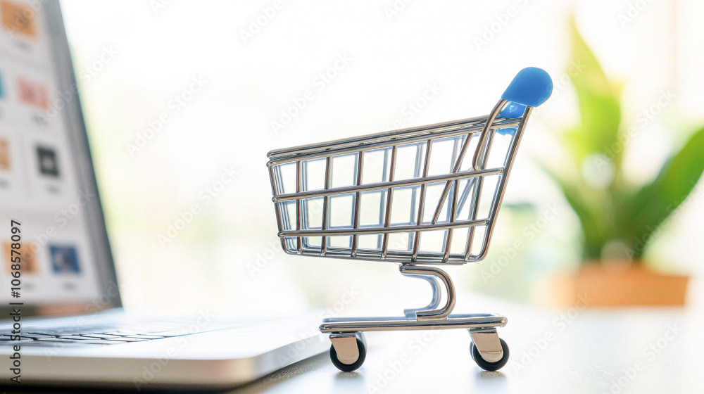 A laptop screen shows a shopping cart on a table A laptop screen shows a shopping cart on a table