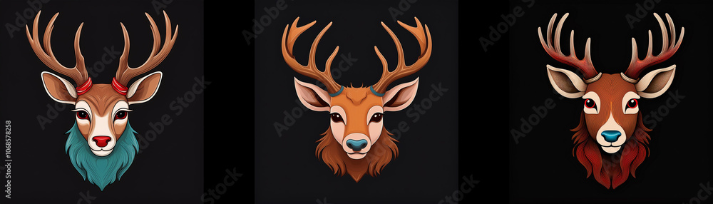 Three deer heads with antlers, each with a different color nose and facial fur, on a black background. Three deer heads with antlers, each with a different color nose and facial fur, on a black background.