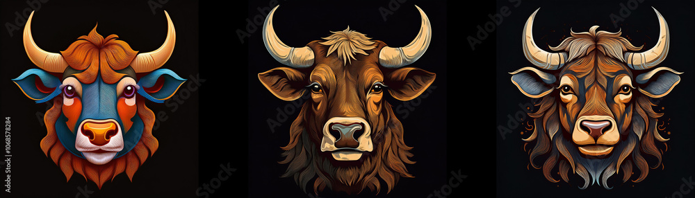 Naklejka premium Three bull heads with various colors and textures are shown against a black background.