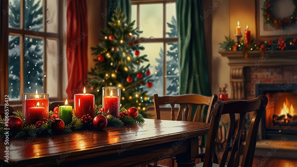 Obraz premium Cozy Christmas Decor with Candles and Festive Ambiance