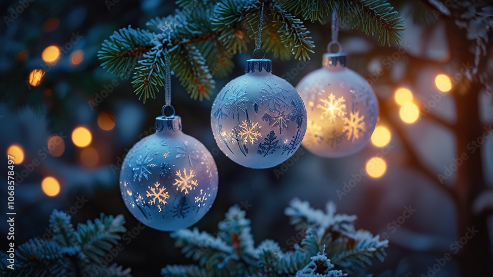 Elegant Winter Ornaments on a Snowy Christmas Tree Elegant Winter Ornaments on a Snowy Christmas Tree