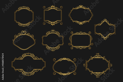 Elegant set of ornate gold vintage retro frames on black background. Vector illustration
