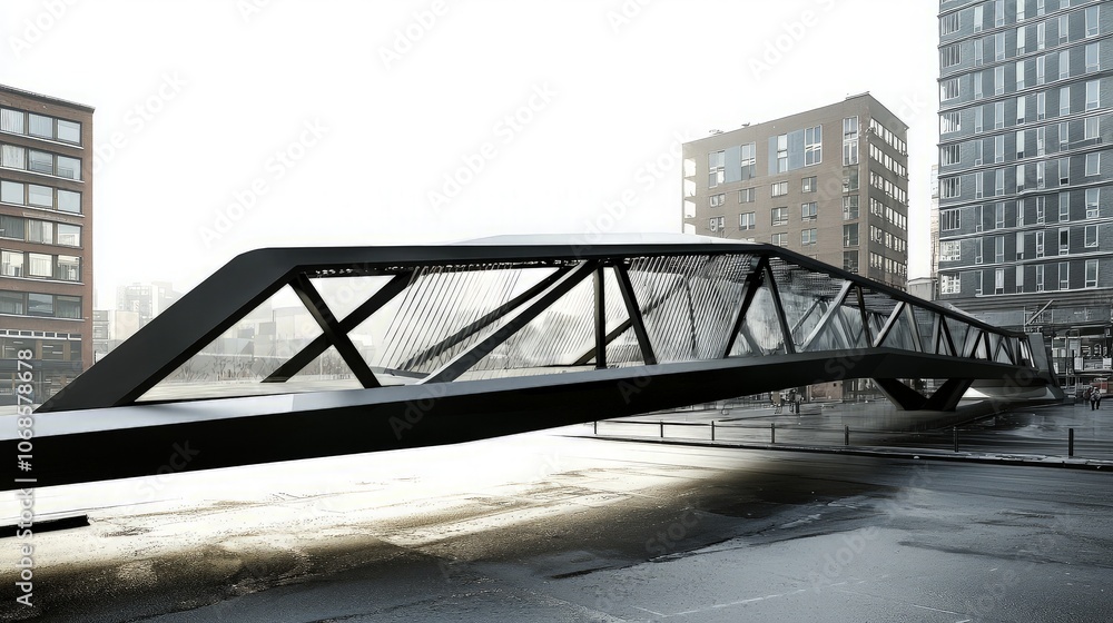 Fototapeta premium Modern pedestrian bridge over a city street with buildings in the background.