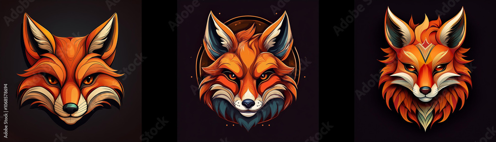 Obraz premium Three illustrated fox heads with orange fur, black eyes, and different backgrounds.