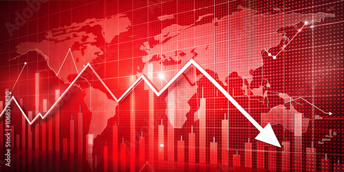 red glowing graph arrow pointing down on red background world map, bankruptcy loss failure crisis