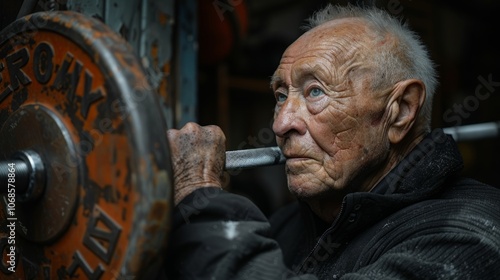 Wallpaper Mural An elderly man focuses intently while lifting a barbell in a dimly lit gym, demonstrating remarkable strength and commitment to his fitness routine in this powerful moment Torontodigital.ca