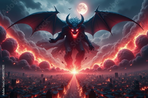 Epic Dragon Flight Over Cityscape at Dusk, Perfect for Fantasy Art, Game Design, and Digital Wallpapers photo