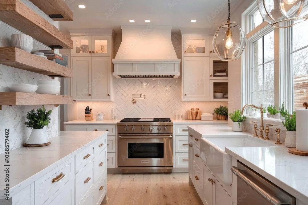 Modern White Kitchen with Farmhouse Sink and Stainless Steel Range Modern White Kitchen with Farmhouse Sink and Stainless Steel Range