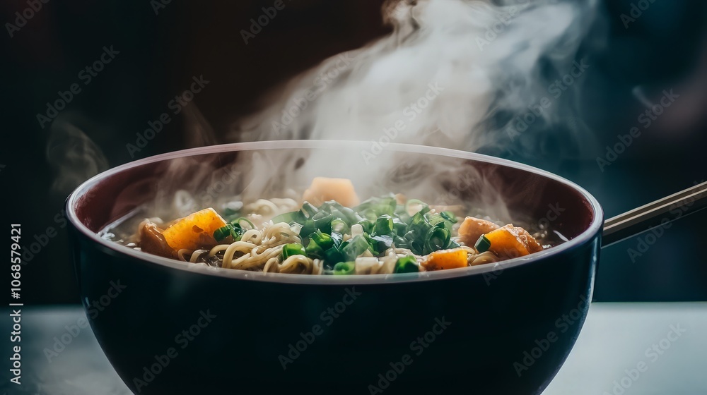 Steaming bowl of ramen noodles with green onions and meat. Steaming bowl of ramen noodles with green onions and meat.