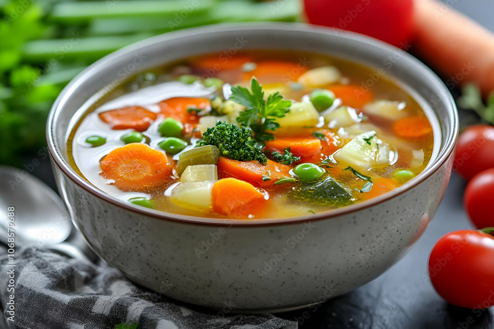 Photo, Vegetable Soup with Carrots, Peas, Broccoli, and Potatoes Photo, Vegetable Soup with Carrots, Peas, Broccoli, and Potatoes