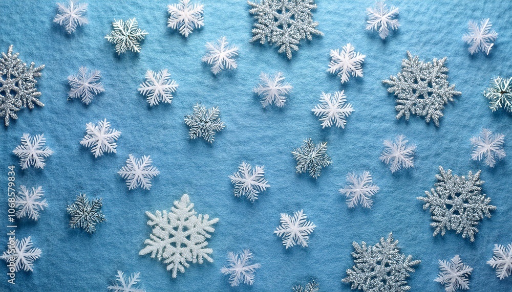 雪の結晶が映える淡いブルーフェルト背景、冬の静かな美しさを演出 雪の結晶が映える淡いブルーフェルト背景、冬の静かな美しさを演出