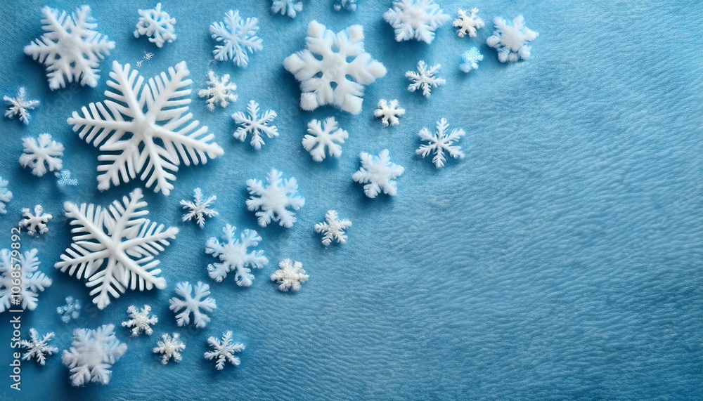 冬の静寂を感じる淡いブルーフェルトと雪の結晶のシンプルなディスプレイ 冬の静寂を感じる淡いブルーフェルトと雪の結晶のシンプルなディスプレイ