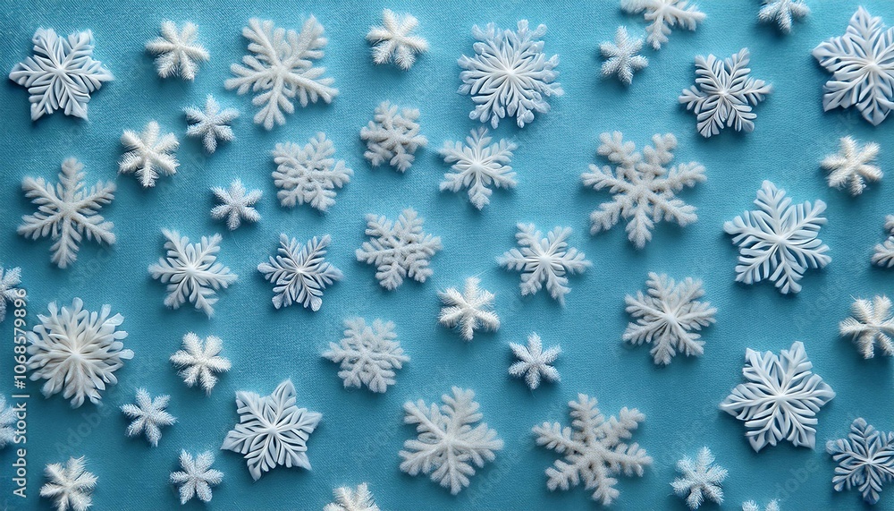 静かな冬を表現する淡いブルー背景と雪の結晶、優しい雰囲気のインテリア 静かな冬を表現する淡いブルー背景と雪の結晶、優しい雰囲気のインテリア