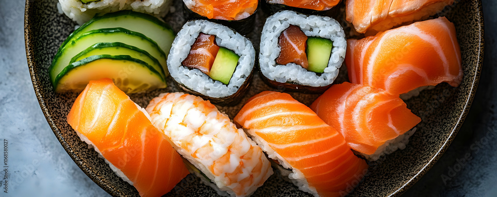 Photo Salmon Avocado Cucumber Sushi Variety on Plate Photo Salmon Avocado Cucumber Sushi Variety on Plate