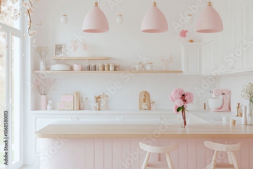A Pink and White Kitchen wi...