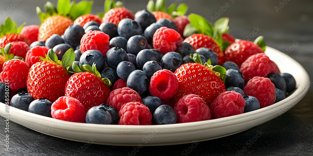 Photo Fresh Strawberries, Raspberries, and Blueberries on a Plate Photo Fresh Strawberries, Raspberries, and Blueberries on a Plate