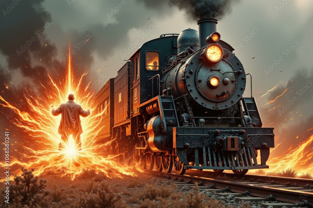 Naklejka premium Mystical Train Journey Through Time and Fire: A Captivating Steam Engine in a Dramatic Landscape, Perfect for Wall Art and Digital Media