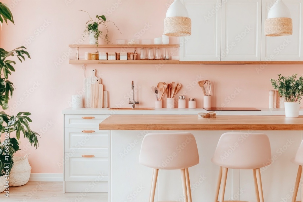 Modern Kitchen Interior with Pink Walls and White Cabinets Modern Kitchen Interior with Pink Walls and White Cabinets