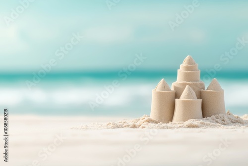 Sand castle on the beach under a bright sky