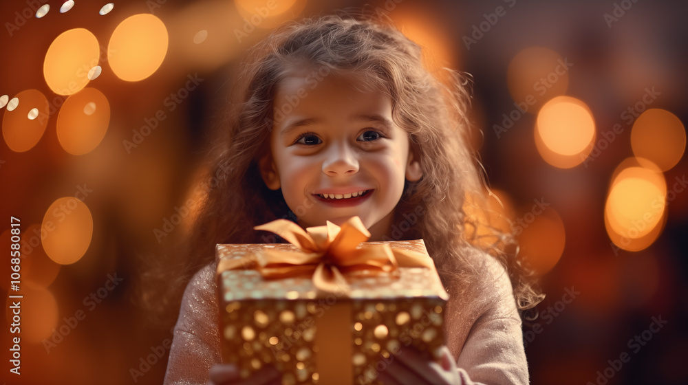 Little smiling girl and New Year gift, blurred background with lights. Box in wrapping paper with bow. Happy child looking at gift box in Christmas atmosphere. Holiday. New Year and Christmas Little smiling girl and New Year gift, blurred background with lights. Box in wrapping paper with bow. Happy child looking at gift box in Christmas atmosphere. Holiday. New Year and Christmas