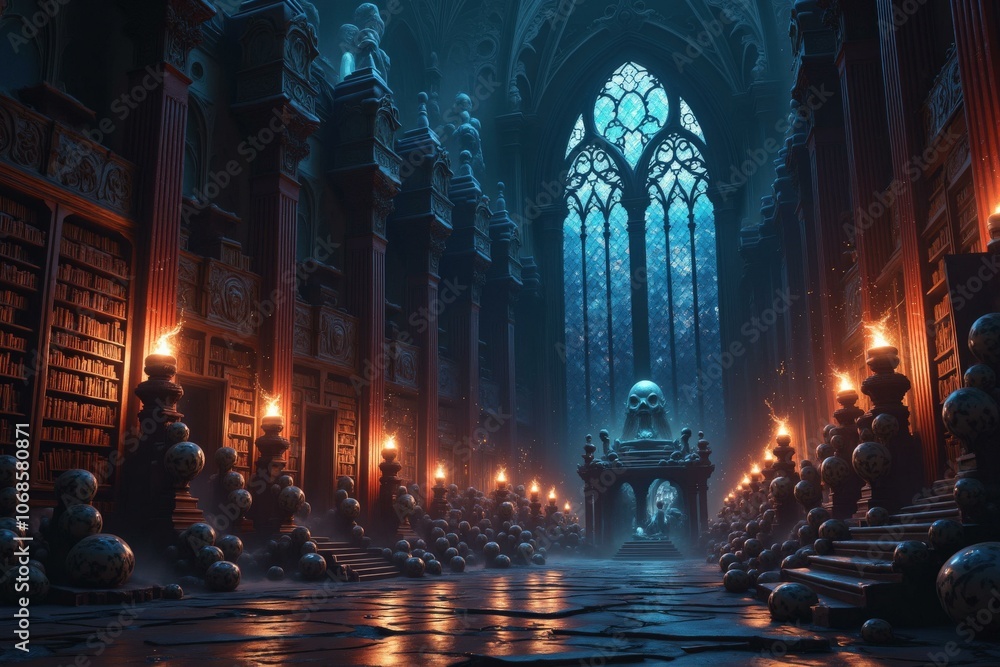Obraz premium Enchanting Gothic Library with Stained Glass Windows, Ancient Books, and Mystical Atmosphere, Perfect for Fantasy Art and Home Decor