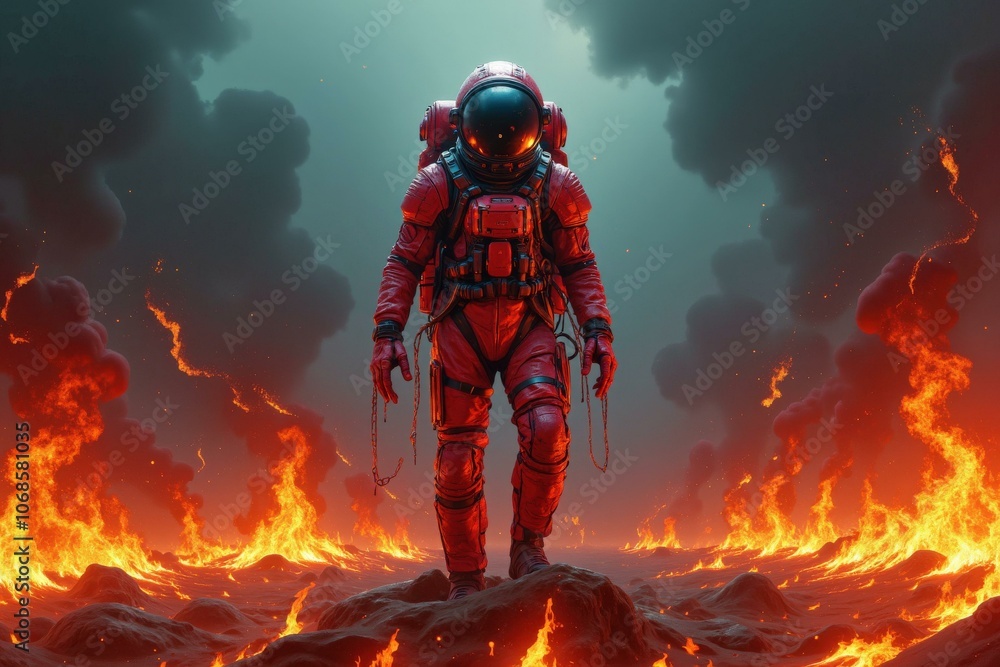 Naklejka premium Astronaut in Red Space Suit Exploring Lava Planet, Symbolizing Courage and Adventure in Cosmic