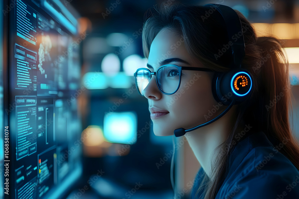 Illustration of Woman in Headset Monitoring Data on Computer Screen Illustration of Woman in Headset Monitoring Data on Computer Screen