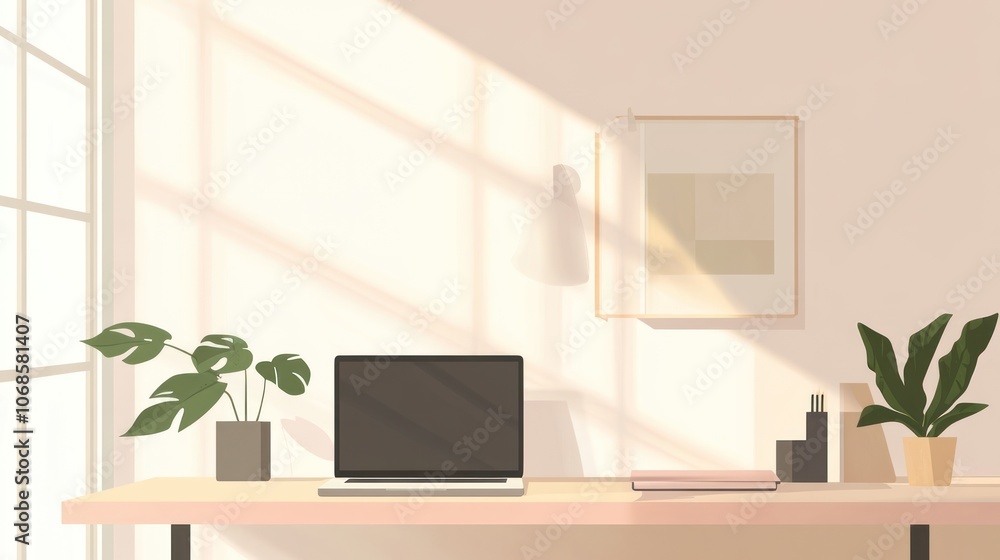 Minimalist workspace with a laptop, plants, and sunlight streaming through a window. Minimalist workspace with a laptop, plants, and sunlight streaming through a window.