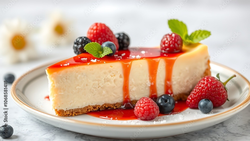 Delicious Cheesecake Topped with Vibrant Red Strawberries and berries Delicious Cheesecake Topped with Vibrant Red Strawberries and berries