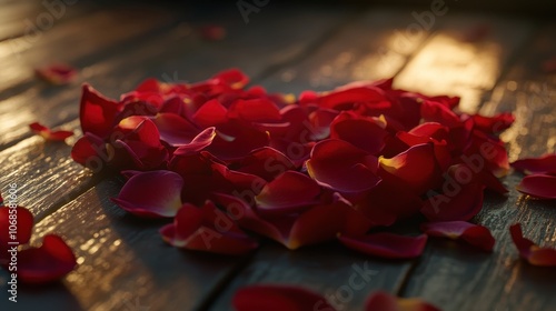 A close-up of a romantic heart-shaped arrangement of rose petals on a wooden table, perfect for a Valentine Day wallpaper.