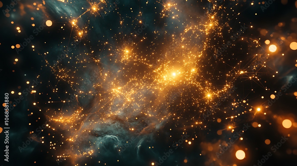 Obraz premium A Golden Nebula with a Dense Cluster of Stars and Dust