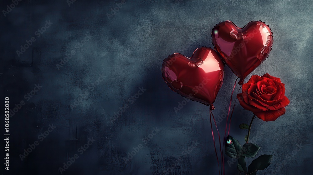 A couple of heart-shaped balloons in the shape of love hearts, gently floating beside a single red rose, with a blank space for text. A couple of heart-shaped balloons in the shape of love hearts, gently floating beside a single red rose, with a blank space for text.