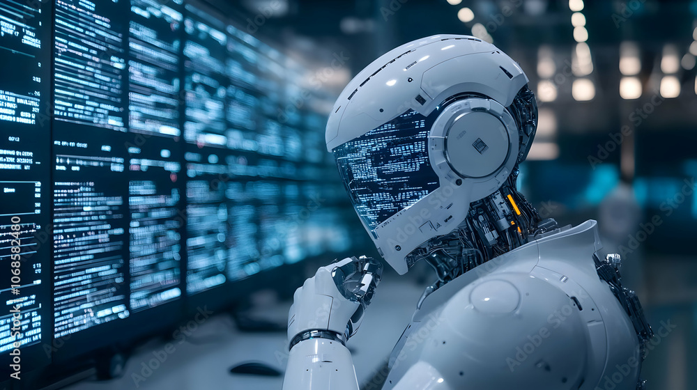 3D Illustration - AI Robot Analyzing Code Data Science 3D Illustration - AI Robot Analyzing Code Data Science